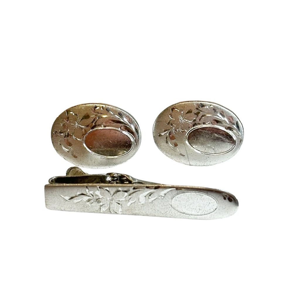 Vanguard Sterling Silver Vintage Floral Personalizable Cuff Links & Tie Clip